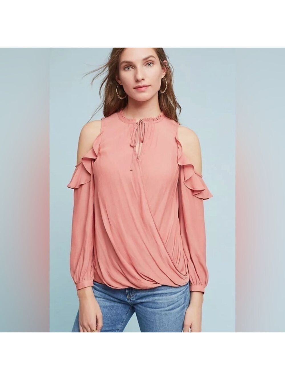 Anthropologie Maeve Liesel Ruffled Cold Shoulder Top SZ S Terra Cotta